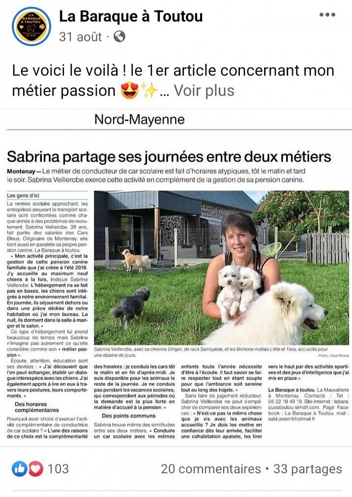 Article sur ouest France 2023 pour la baraque à toutou